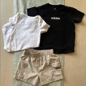 adidas Kids 2-Piece Set - Black Tee, White Bodysuit (carters) & Beige Shorts